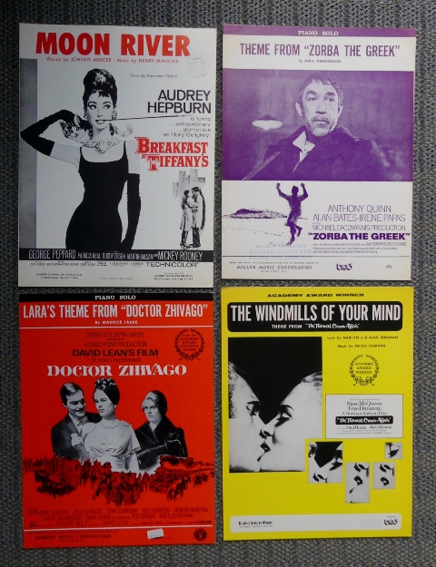 Image for MOON RIVER / THEME FROM "ZORBA THE GREEK" / LARA'S THEME FROM "DOCTOR ZHIVAGO" / THE WINDMILLS OF YOUR MIND: THEME FROM "THE THOMAS CROWNE AFFAIR".  SHEET MUSIC FROM 1960s MOVIES.  4 ITEMS.