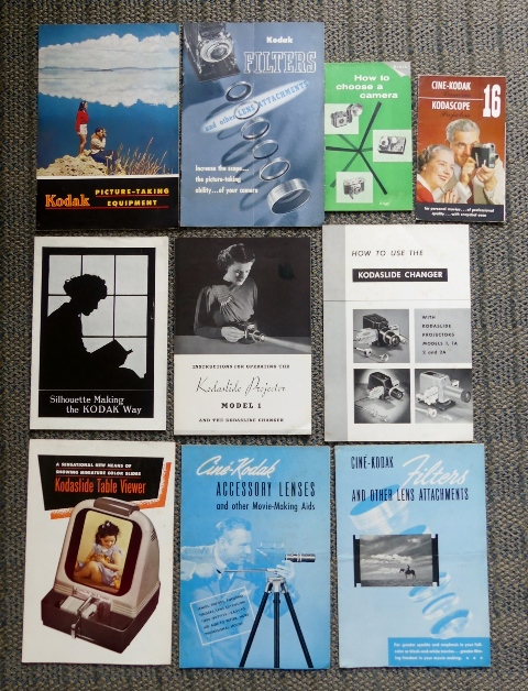 Image for 10 KODAK BROCHURES FROM 1940s, 1950s, INCLUDING: KODAK FILTERS AND OTHER LENS ATTACHMENTS, CINE-KODAK ACCESSORY LENSES AND OTHER MOVIE-MAKING AIDS, KODASLIDE PROJECTOR MODEL 1, KODAK PICTURE-TAKING EQUIPMENT, HOW TO CHOOSE A CAMERA, ETC.